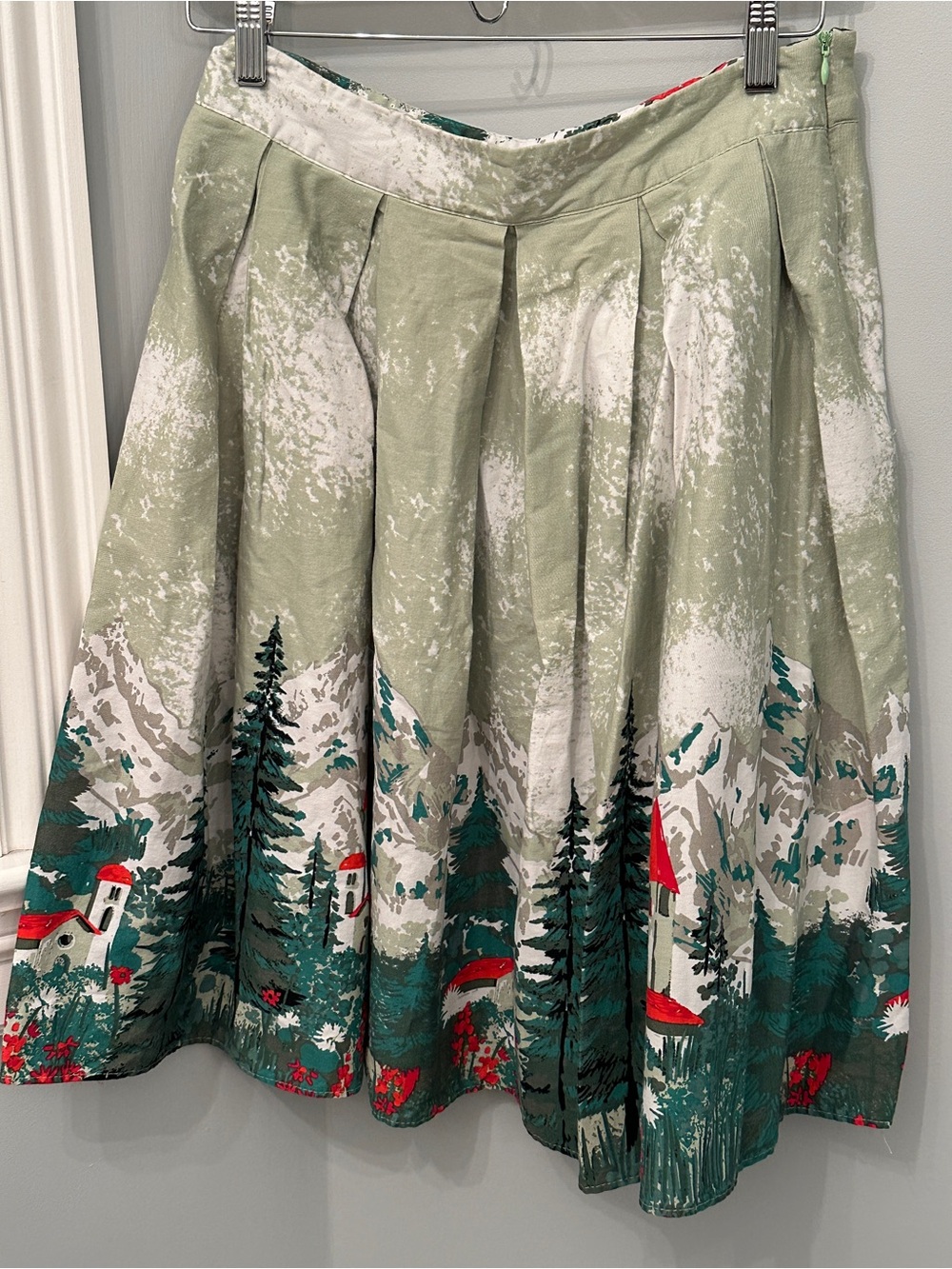 Printed A-Line Skirt with Scenic Village Motif - Sage Green